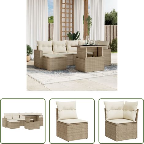 vidaXL Gartensessel - 7-tlg. Garten-Sofagarnitur mit Kissen Beige Poly Rattan (1/5)