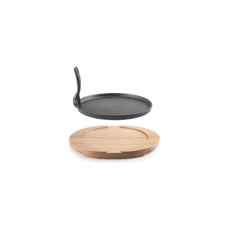 Plato hierro fundido ø26 cm + base madera de haya 34 x 30 x 2,5 cm