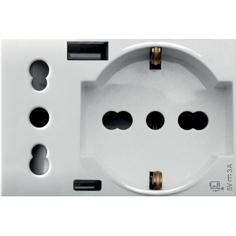 Presa Schuko bipasso e presa P17/11 2P+T 10/16A con USB A e C Bianco S44 Ave Whitek 44609015USB