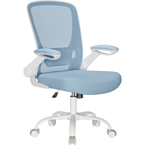 Chaise Bureau Ergonomique en Toile, Fauteuil, Support Lombaire Rembourré, Mécanisme à Bascule, Assise Large de 53 cm, Accoudoirs Rabattables, Bleu Brumeux (1/5)