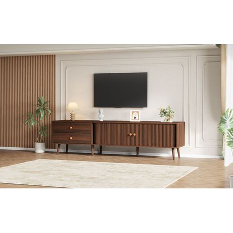 Meuble TV 180 x 40 x 46,5 cm, aspect noyer, avec deux tiroirs, deux portes coulissantes et 7 pieds. Convient pour téléviseur jusqu'à 80 pouces. Meuble bas, meuble de salon, support TV (1/5)