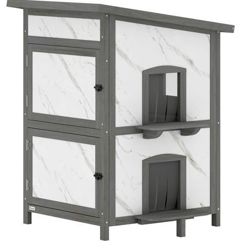 Maison pour chat d’extérieur en bois, à deux niveaux, avec fenêtres et toit imperméable, refuge isolé, 93 × 66,5 × 88 cm, blanc gris – CHICFURN (1/5)