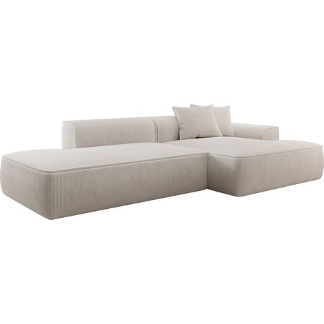 Vente-Unique – Canapé d'angle droit 5 places en velours côtelé beige – Dossier déhoussable – Structure en bois – Garnissage mousse polyuréthane