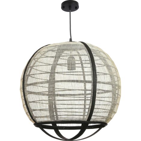 Lampe boule noire rotin et tissu