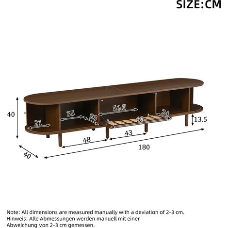 Meuble TV ovale 180x40x40 cm noyer foncé, style rotin - Corps en MDF, charge 30 kg, porte coulissante. Meuble bas salon avec placard abattant, rangement design. (1/5)