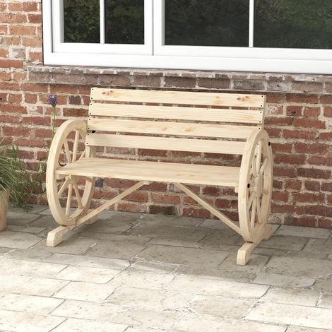 Banco de jardín, banco de madera de 3 plazas, estilo rústico chic, reposabrazos, ruedas, madera estilo carrito, madera de abeto con efecto de madera natural.