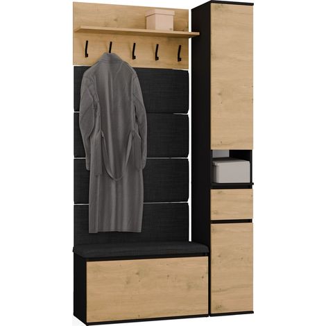Lior - Recibidor: armario con asiento y perchero - 110x202,5x35 cm - Roble artisan y negro (1/5)