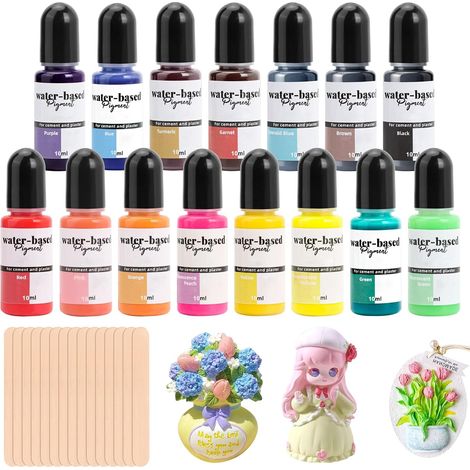 Pigments de couleur pour poudre de coulée, 15 couleurs, pigment à base d'eau avec 15 agitateurs, peinture créative, peinture résine pour poudre de coulée, béton, plâtre pour coulée, ciment, résine (1/5)