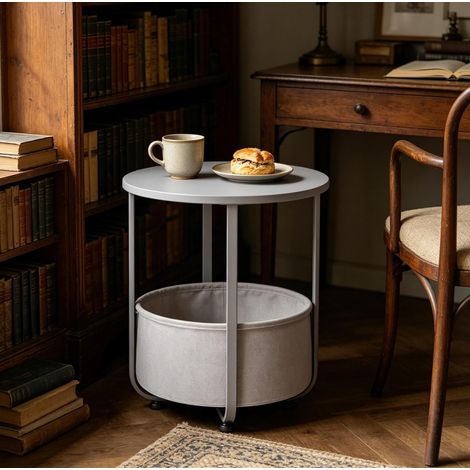 CHICFURN Mesa baja redonda 45x50 cm gris en aglomerado y metal, ahorro de espacio (1/5)