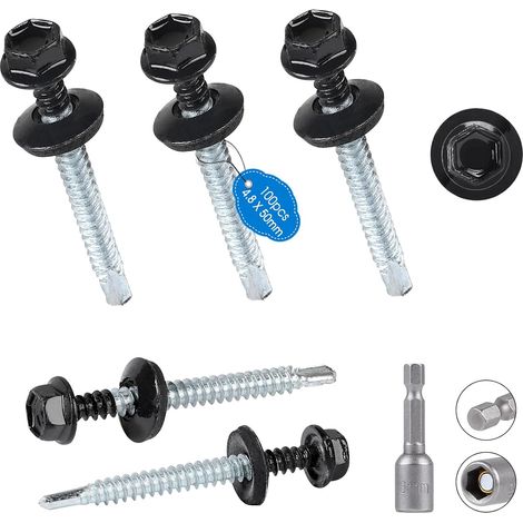 Lot de 100 vis de toiture en métal 4,8x50 mm Tête de rondelle hexagonale peinte vis en tôle avec rondelles EPDM et clé à douille M8 Vis Autoperceuse pour metal pour plus fixation Gris RAL 7016 (1/5)