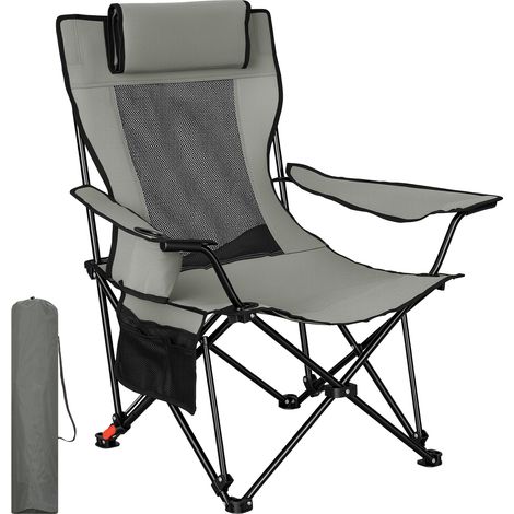 WOLTU Chaise de Camping avec Porte-gobelet et Poche Latérale, Appui-tête Tranformable, Chaise Pliante Portable, Gris (1/5)