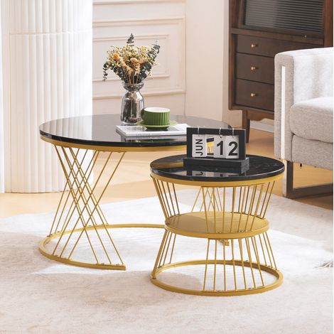 Table basse gigogne ronde 2 pièces, effet marbre brillant, noir et doré HAVRYA (1/5)