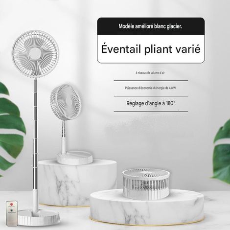 Ventilateur télescopique rechargeable avec télécommande, ventilateur de sol pliable USB 7200 mAh, 4 vitesses, portable, silencieux, autonomie longue durée, Blanc (1/5)