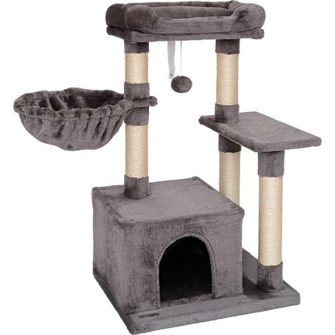 Arbre à chat avec balle en peluche et hamac, hauteur 85 cm, arbre avec sisal et peluche, surface de repos et niche confortables, fixation murale incluse, pour petits et grands chats, gris foncé (1/5)