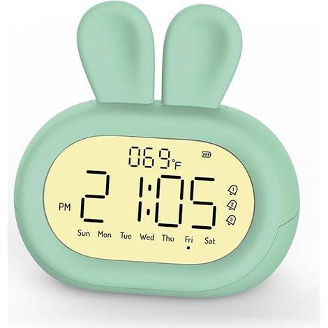 Réveil numérique Lapin Vert pour Chambre, Horloge de Chevet Mignonne avec Affichage Jour de Semaine, Fonction Snooze, Veilleuse Réglable, Thermomètre, Minuterie, Cadeau pour Fille, Garçon, Adulte (1/5)