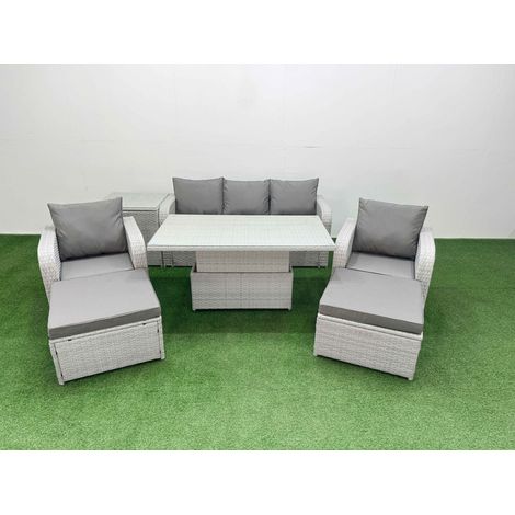 Fimous PE Rattan Garden Furniture Set Reclining Chair Sofa Lounge Sofa Set Adjustable Lifting Dining or Coffee Table Side Table 2 Big Footstool Light Grey (1/4)