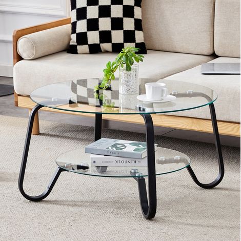 Table basse ronde 80x80x45 cm noire, double plateau en verre trempé et structure en métal MEUBLIV (1/5)