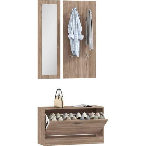 Set meubles entree 3 pieces avec banc a chaussures porte-manteau mural et miroir bois 80x27x46.5 cm marron fonce (1/5)