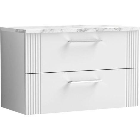Belvide Partial Fluted 2 Drawer Wall Hung Vanity Unit with Carrera Marble Laminate Worktop - 800mm - Satin White