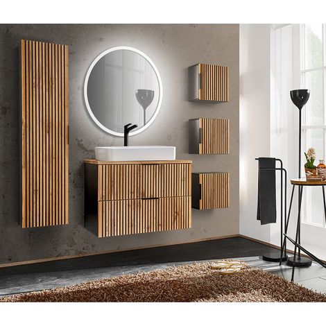 Badezimmer Komplett Set mit Waschtisch 81 cm XANTEN-56 in anthrazit mit Eiche Nb. schwarz gerillt, B/H/T: 180/200/46,5 cm (1/5)