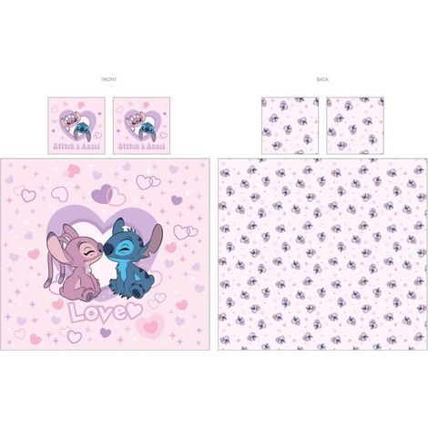 Parure de lit Disney Stitch & Angel Love – Réversible – 240x220 cm + 65x65 cm – Rose