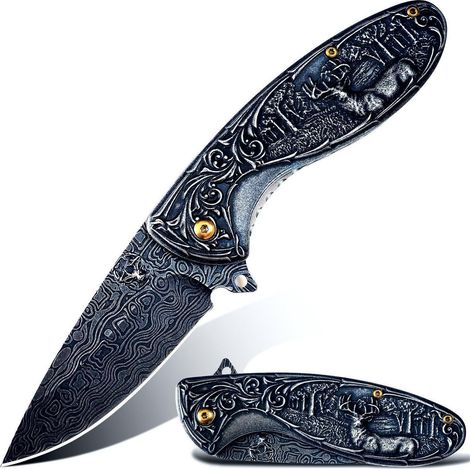 Klappmesser mit 3D Hirsch-Prägung, Geschenk für Männer, Outdoor, Camping