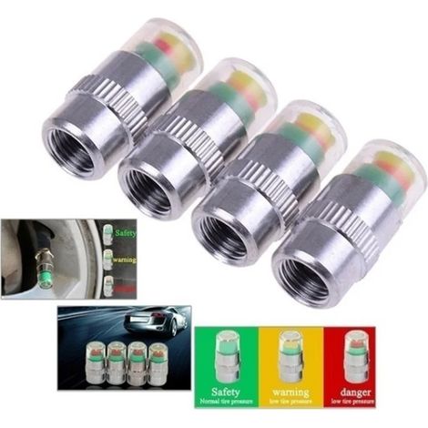 Lot de 4 manomètres de pression de pneus de voiture avec indicateur d'alerte et bouchon de valve. Accessoires pour pneus TPMS. (1/5)