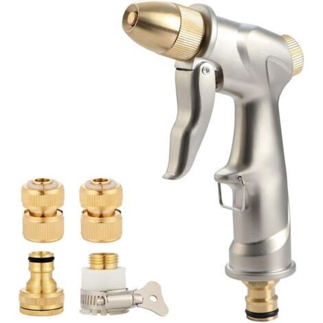 Pistolet d\'arrosage haute pression pour jardin, pistolet pulvérisateur en métal avec 4 raccords en laiton, pour le lavage de voiture et l\'arrosage des plantes. (1/4)