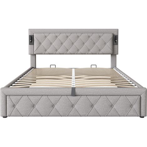 Letto contenitore 160 x 200 cm con LED, USB, rete a doghe, velluto grigio MODENUIT (1/5)