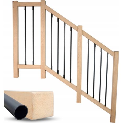 Garde-corps escalier bois hêtre massif avec tubes noirs, rambarde intérieure, montage facile