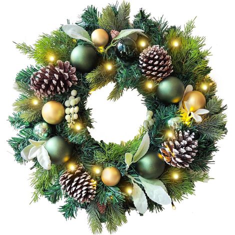 50 cm großer beleuchteter Weihnachtskranz zur Dekoration der Haustür mit grünen und goldenen Kugeln, einfach zu dekorieren