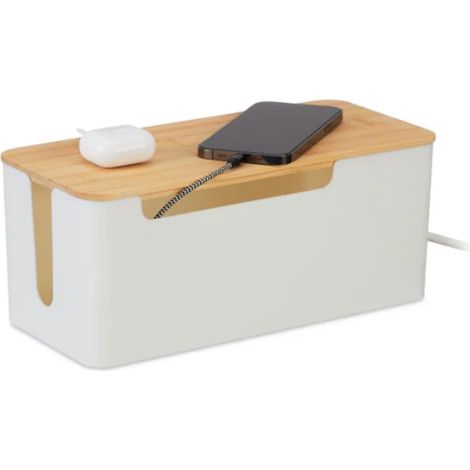 1 caja organizadora de cables, 2 enchufes integrados, tapa de bambú, diseño blanco, para escritorio de TV (1/5)