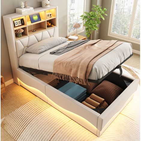 Letto a cassone 90x200 cm letto singolo con LED, porta USB, vano portaoggetti aperto e rete a doghe, lino, senza materasso, beige (1/5)
