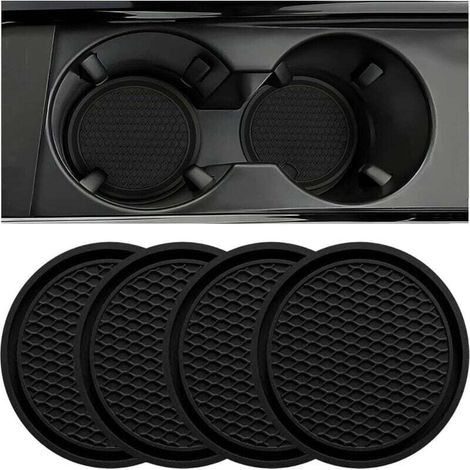 Dessous de verre pour voiture, ensemble de 4 porte-gobelets universels antidérapants avec dessous de verre décoratif en silicone intégré, accessoires intérieurs de voiture, noir. (1/4)