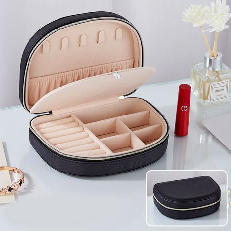 Pequeño joyero para mujer, caja de almacenamiento para anillos, pendientes, collares y regalos (negro) (1/5)
