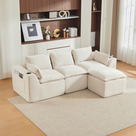 Canapé modulaire 3 places avec pouf, coussins, porte-gobelet et 2 poches, beige HAVRYA (1/5)