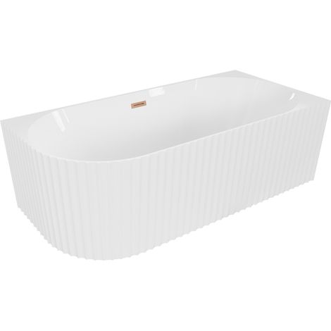 Mexen Gia freistehende Eckbadewanne rechts geriffelt 170 x 80 cm, weiß glänzend, Überlauf gebürstetes Kupfer - 52701708000P-65 (1/3)