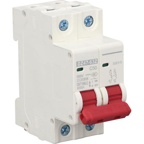 DC Photovoltaic Circuit Breaker 500V 50A, DC Current Circuit Breaker, DZ47-63Z-2P, for Photovoltaic Systems, Magnetothermal Trigging, 35mm DIN Rail Mount, PV Disconnector (1/5)