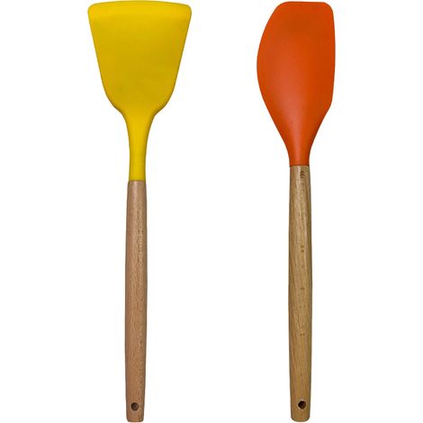 Ensemble Ustensiles Cuisine Silicone - Manche Bois Resistante Chaleur - Pour Casseroles Antiadhesives - Lot De 2 (1/5)