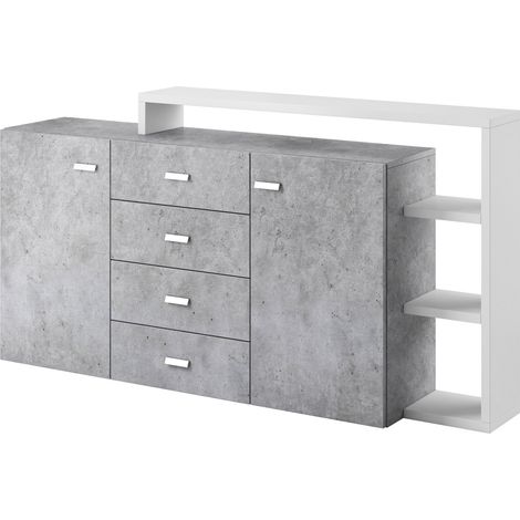 Cómoda Lutiva 106, Blanco + Hormigón, Con cajones y puertas, Número de cajones: 4, 97x180x37cm