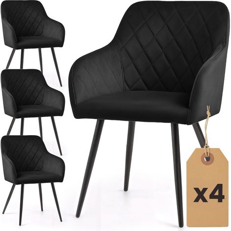 Lot de 4 Chaises en velours matelassées en losanges VELTO Noir pieds noirs (1/5)