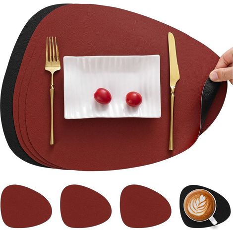 Set de Table et Dessous de Verre(Rouge Noir, Lot de 4), Set de Table Antidérapant Double Face Sets de Table Lavable Imperméables Set Table et Dessous de Verre Set Table Plastique (1/5)