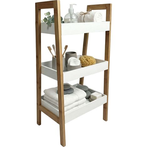 Estantería Baja Take 3 Estantes Baño, Salón Bambú Blanco Mate y Marrón 35x75x30 cm