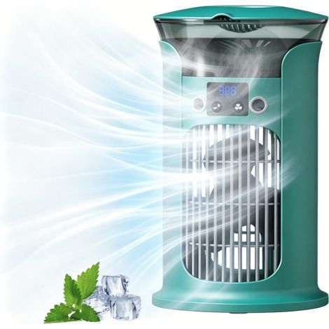 Mini Climatiseur Mobile 880 ml, Refroidisseur d'Air USB avec 3 Vitesses, Brumisation et Éclairage LED, Ventilateur Portable Silencieux pour Bureau, Chambre, Maison et Voyage (1/5)
