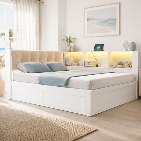 Lit banquette 140x200 cm en bois blanc, avec rangement, gain de place pour chambre FloraGrace (1/5)