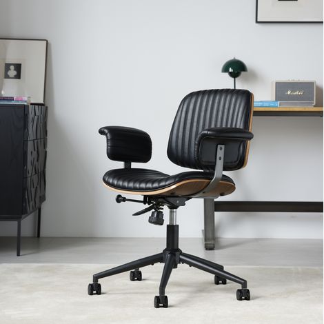 Sedia girevole da ufficio in PU leather, con braccioli imbottiti e base in metallo, nera (1/5)