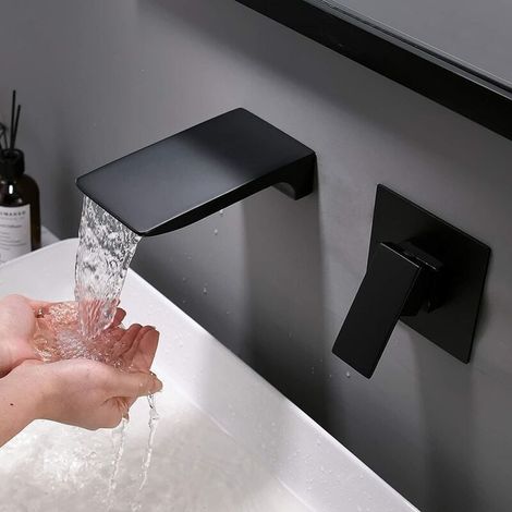 Black Wall-Mounted Bathroom Faucet, Wall-Mounted Mixer Tap, Brass Waterfall Faucet (1/5)
