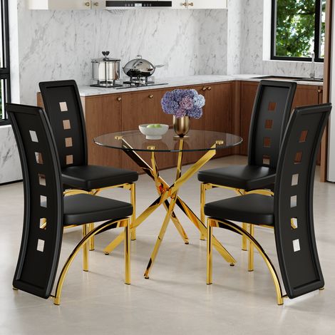 Set tavolo da pranzo rotondo Ø88 cm in vetro temprato nero e oro con 4 sedie – MEUBLIV (1/5)