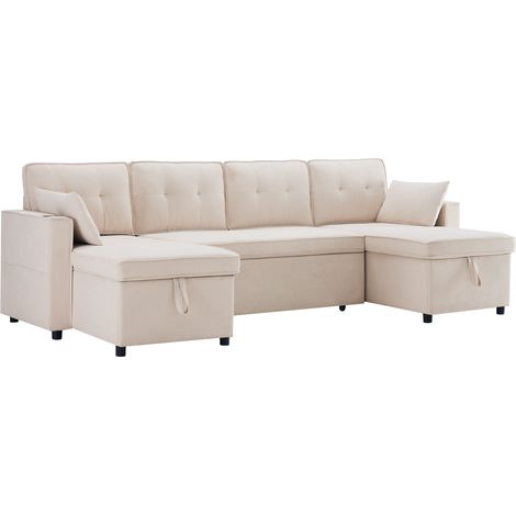 Divano letto a U 4 posti in cotone e lino con portabicchieri e contenitore, beige (1/5)