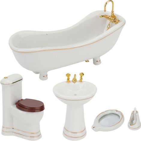 Set da bagno per casa delle bambole in miniatura, scala 1:12, composto da 5 pezzi, con mobili e accessori in porcellana. (1/5)